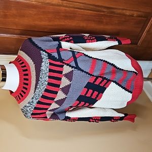 VINTAGE NOVO SWEATER CHUNKY HAND KNIT M MEDIUM MEN'S RETRO ABSTRACT RED BLACK